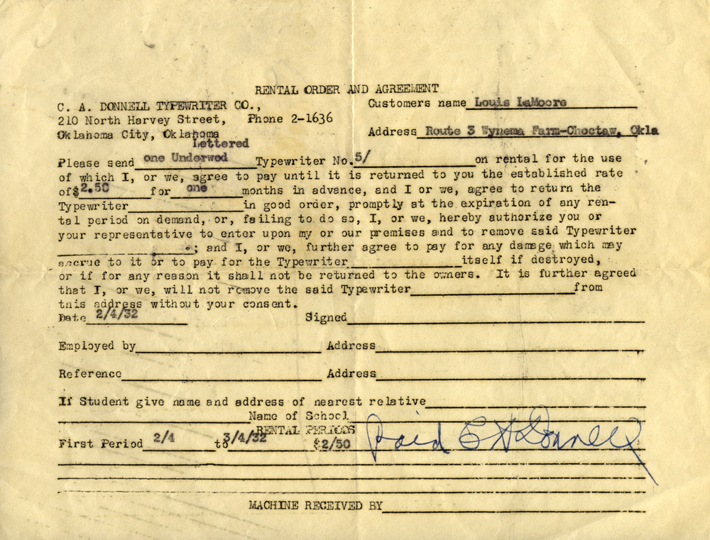 The rental contract for the typewriter that began Louis' career. Related to Louis L'Amour's Lost Treasures Volume 1