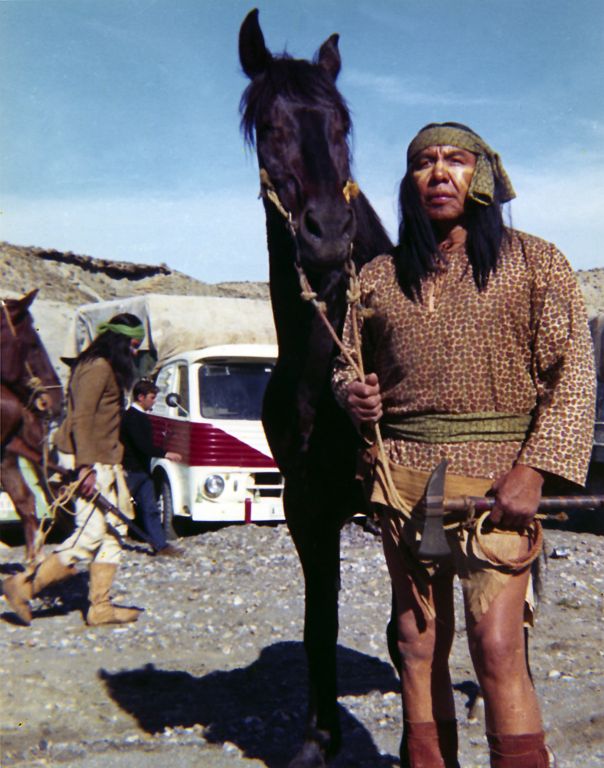 Chief Tug Smith on the set of Shalako. Tug was a Ponca Sioux and helped Louis in the early stages of his creation of LAST OF THE BREED.
