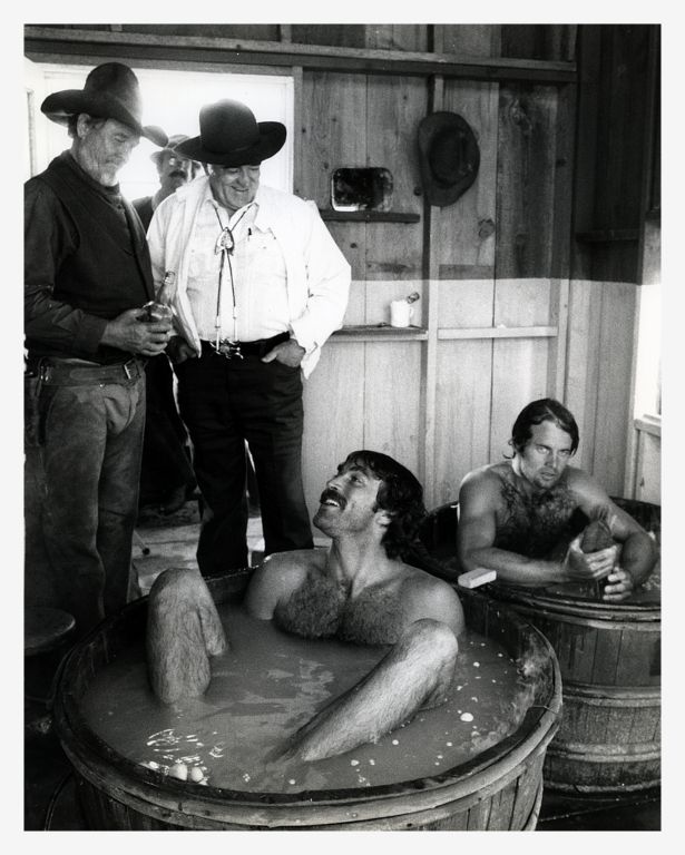 Ben Johnson, Louis L'Amour, Tom Selleck and Jeff Osterhage on the set of the Sacketts. 