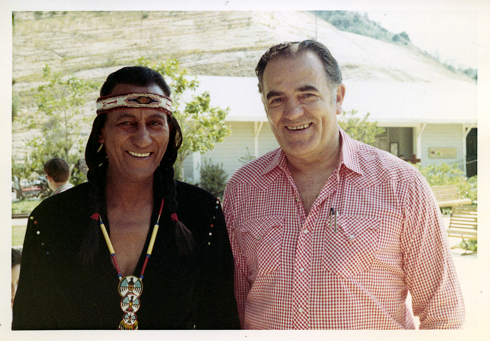 Legendary stunt man and weapons specialist Rodd Redwing and Louis L'Amour. Rodd could throw a knife, draw and fire a gun, and the knife arriving a moment later would split the bullet!! http://www.gunfightergulch.com/stories/jim-martin-rodd-redwing-hollywood-gun-coach